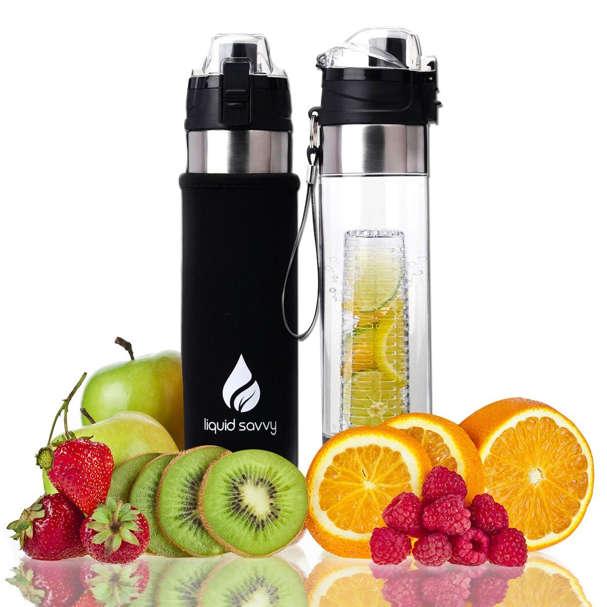 Liquid Savvy 24oz Water Infuser – Fruit Infused Water Bottle with Leak Proof Flip Top Lid, Tritan Plastic with Bottom Infusing Design with Neoprene Insulated Sleeve, Strainer & Bottle Brush
