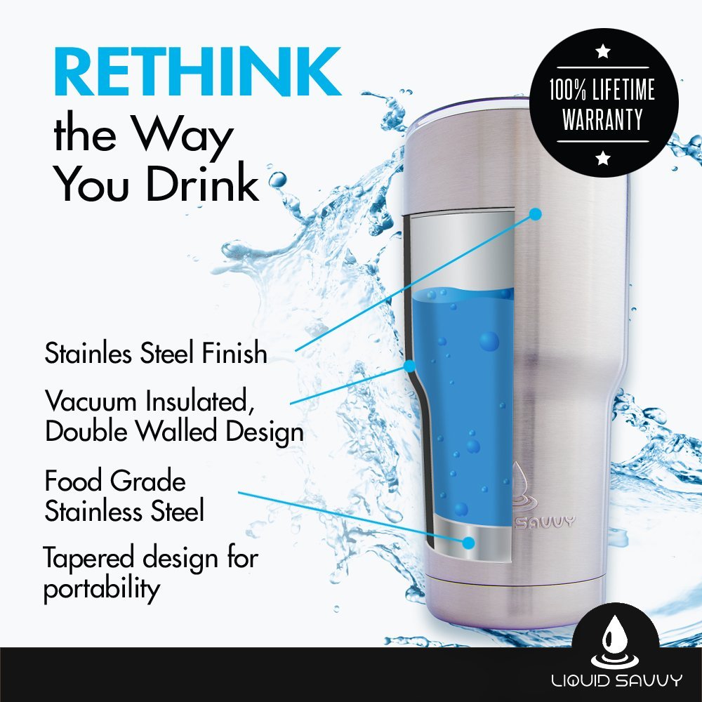 Liquid Savvy Stainless Steel 30 oz Tumbler with Leak Proof Lid. Double