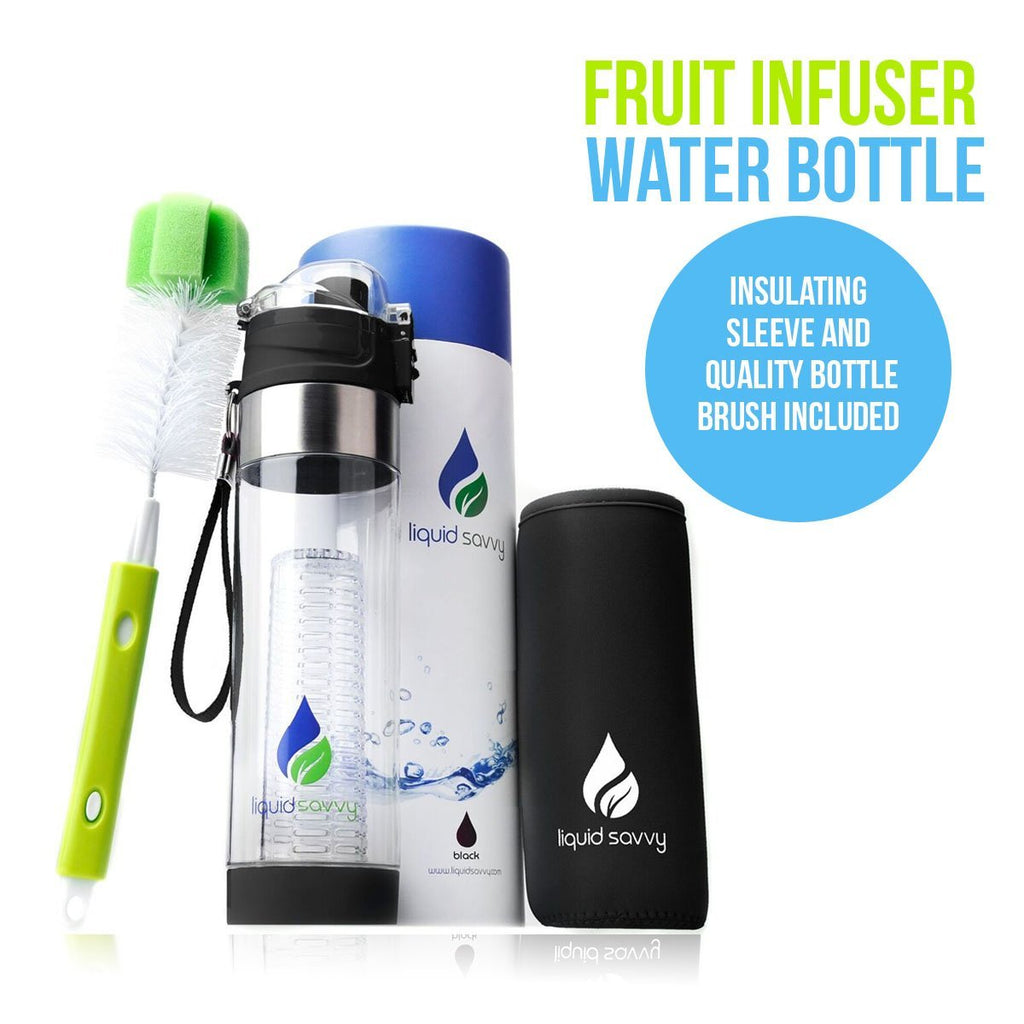 Liquid Savvy 24oz Water Infuser – Fruit Infused Water Bottle with Leak Proof Flip Top Lid, Tritan Plastic with Bottom Infusing Design with Neoprene Insulated Sleeve, Strainer & Bottle Brush