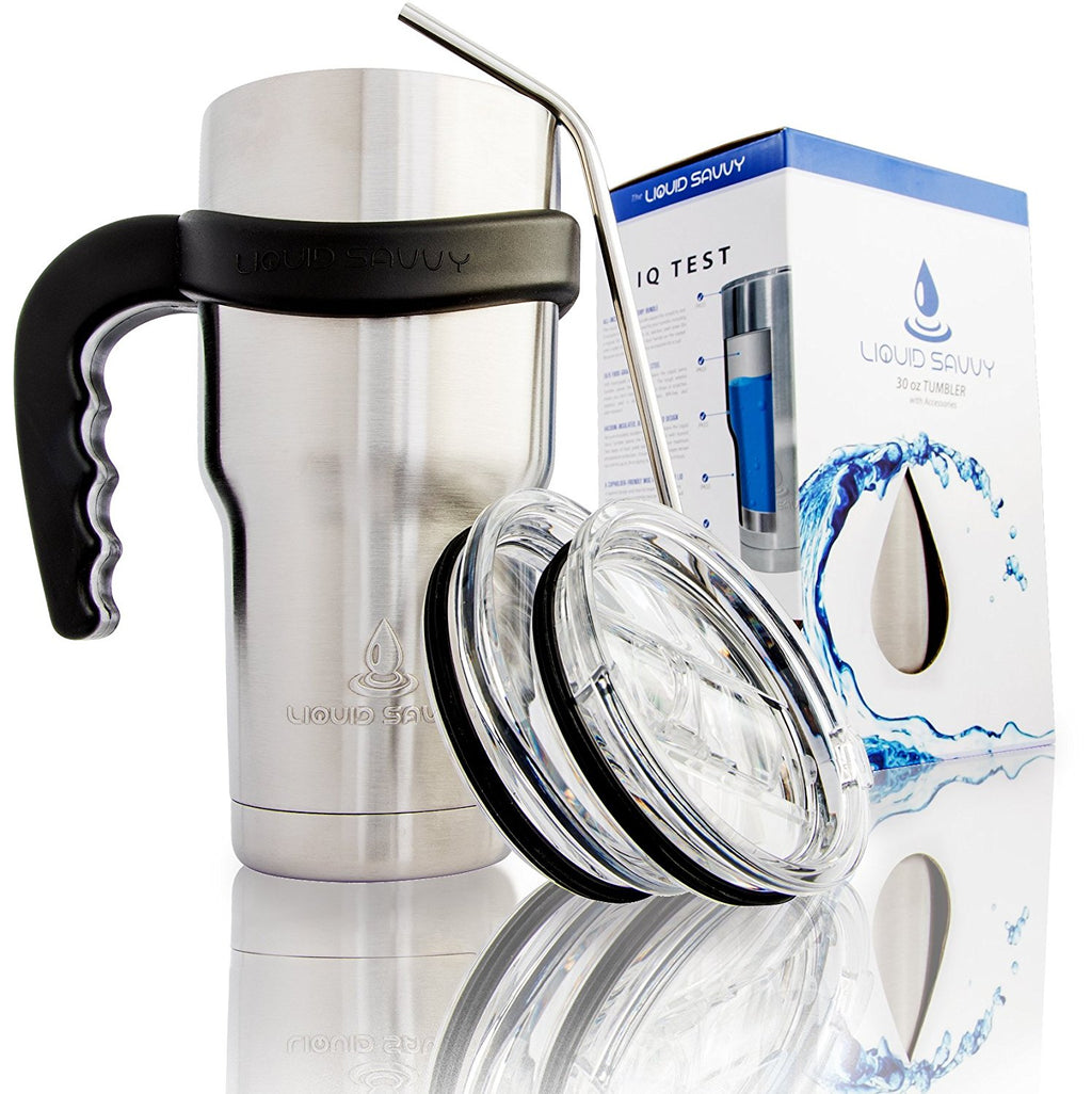 Liquid Savvy's 30oz Stainless Steel Tumbler Bundle - Includes Tumbler, 2 Lids, Straw, and Handle - Double Walled Vacuum Insulated Tumbler for Hot and Cold Beverages - Stainless Steel